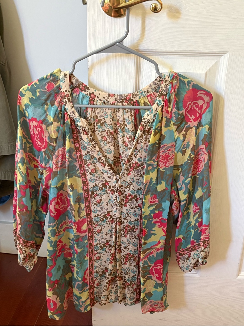 Floral Mixed-Print Silk Peasant Blouse - Pink/Teal